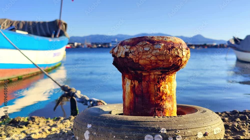 Fishing Boat Tied with a Rope to the Pier Bollard in the Port Footage. Fishing Boat Tied with a Rope to the Pier Bollard in the Port Footage.