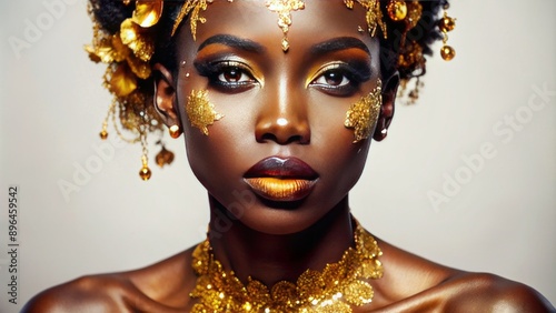 Vibrant studio portrait of a stunning black woman adorned with intricate golden bio-art makeup, exuding elegance and sophistication against a crisp isolated background. photo