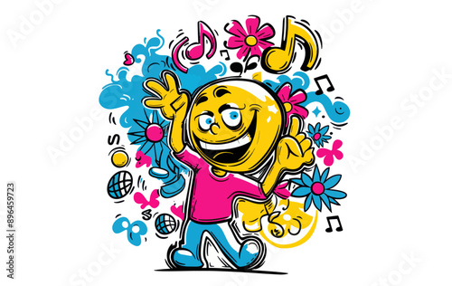 Happy emoji character dancing with flowers and music notes