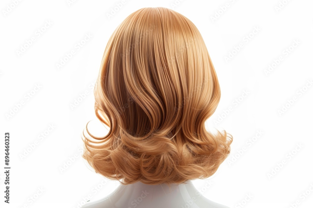 Naklejka premium Blonde wig on mannequin head Medium length cut on plastic holder isolated back view