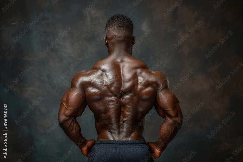 Fototapeta premium Body building African American male posing on black studio background from behind