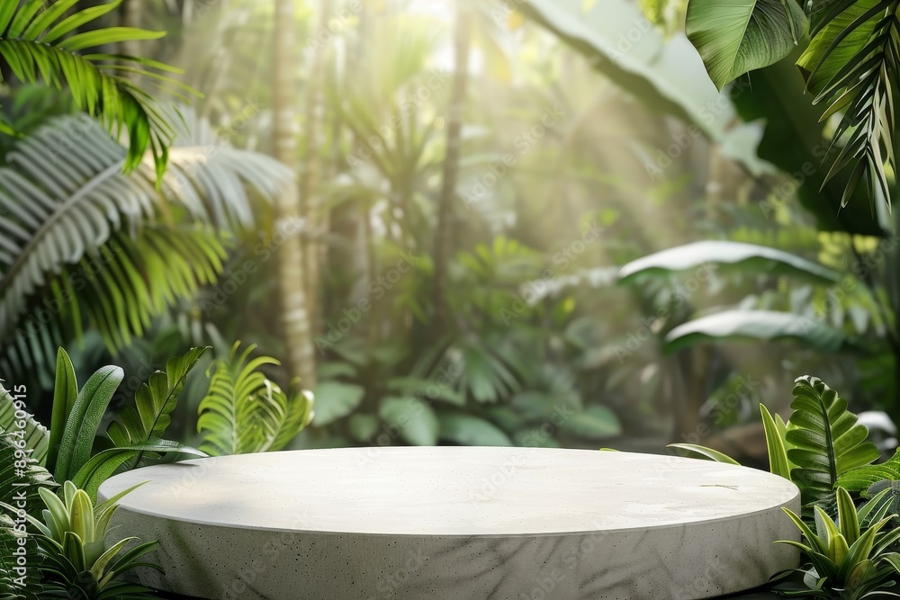 Blurred green leaf plant nature background in outdoor tropical garden forest with a concrete podium tabletop floor Summer jungle paradise concept w Blurred green leaf plant nature background in outdoor tropical garden forest with a concrete podium tabletop floor Summer jungle paradise concept w