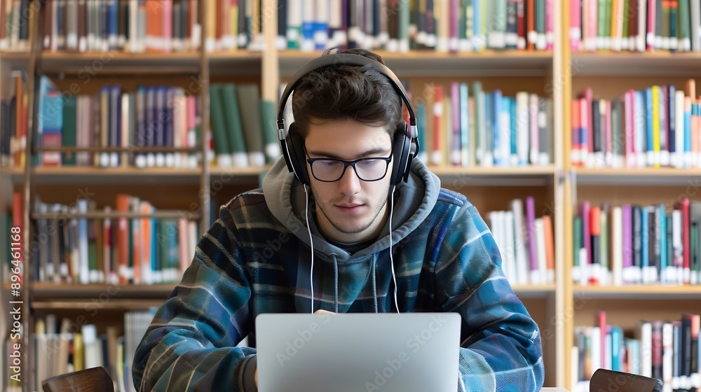 Portrait of a Smart Male Putting On Headphones and Working on a Laptop Computer Young Man Doing a Homework Assignment and Preparing for Political Science Exams in a College Library : Generative AI Portrait of a Smart Male Putting On Headphones and Working on a Laptop Computer Young Man Doing a Homework Assignment and Preparing for Political Science Exams in a College Library : Generative AI