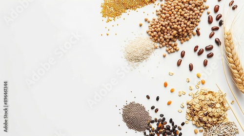 various cereals seeds beans and grains on white background : Generative AI photo