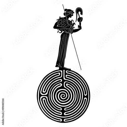 Ancient Greek warrior goddess Athena with helmet and spear standing on a round spiral maze or labyrinth symbol. Mythological design. Black and white silhouette.