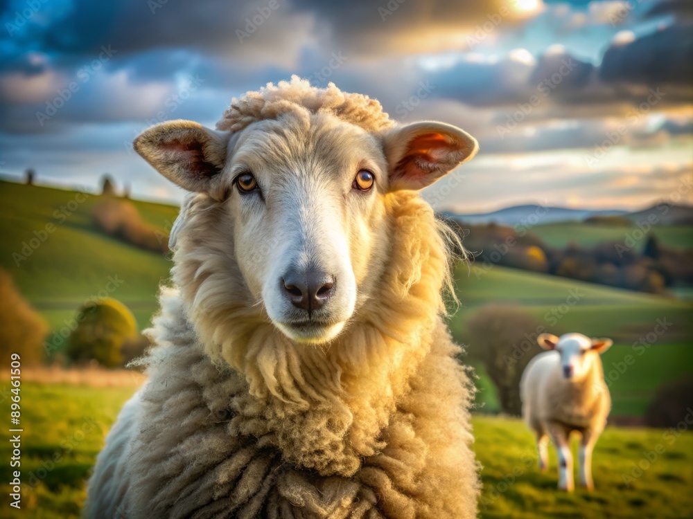 Fluffy sheep face with gentle eyes and soft fur fills the frame, set against a subtle rural landscape with a dog's silhouette in the background. Fluffy sheep face with gentle eyes and soft fur fills the frame, set against a subtle rural landscape with a dog's silhouette in the background.