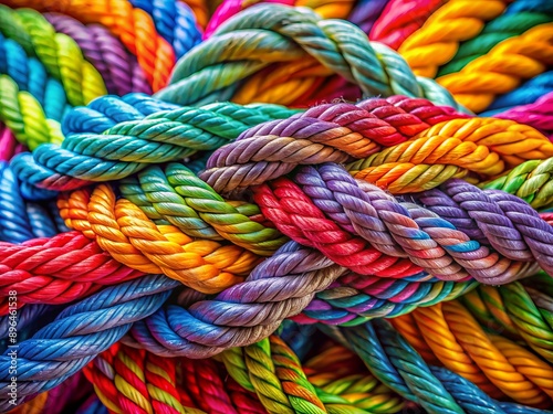 A vibrant colored rope with diverse textures and patterns intertwined, symbolizing strong connection, partnership, teamwork, unity, and cooperation, against a bright background.