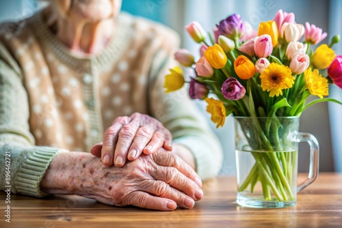 Gentle elderly hands, adorned with age spots, rest on a table beside a vase of fresh flowers, surrounded by subtle signs of care and compassion. photo