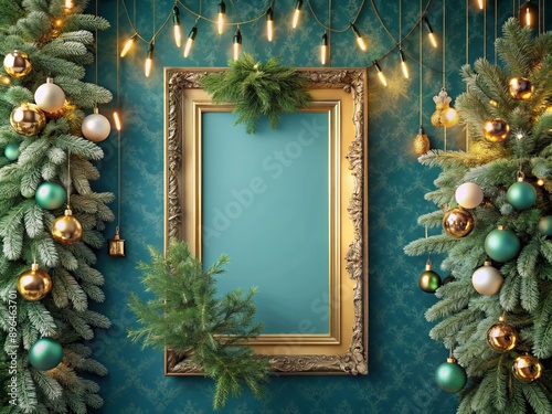 Cozy blue room wall mockup with ornate gold frame, softly illuminated, adorned with verdant pine branches and festive holiday decorations, inviting winter wonderland ambiance. photo