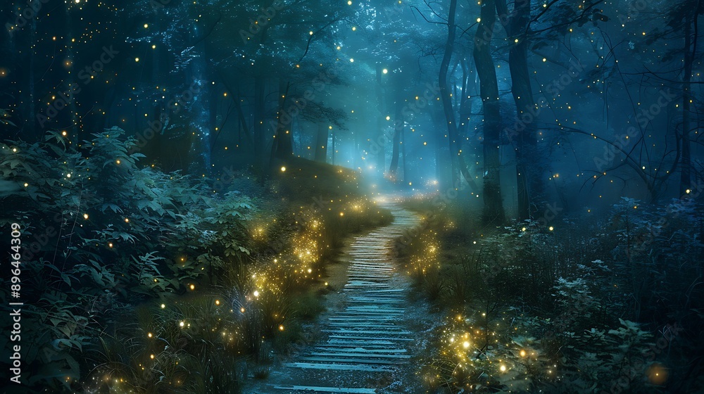 Mystical Forest Path at Night with Fireflies Mystical Forest Path at Night with Fireflies