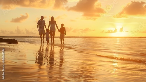Happy family beach holiday and walking smile for vacation on tropical island Man woman and children together with sunglasses by ocean for travel with wellness mockup space at sunset in : Generative AI © The Little Hut