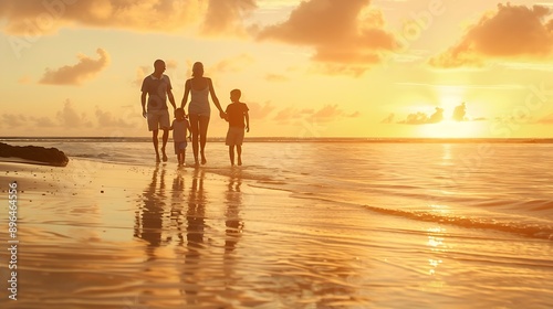 Happy family beach holiday and walking smile for vacation on tropical island Man woman and children together with sunglasses by ocean for travel with wellness mockup space at sunset in : Generative AI