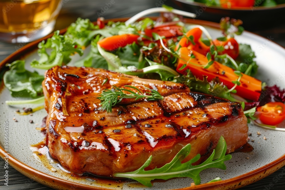 Close up horizontal shot of a plate with grilled bone in pork steak in sweet honey glaze and fresh vegetable salad Close up horizontal shot of a plate with grilled bone in pork steak in sweet honey glaze and fresh vegetable salad