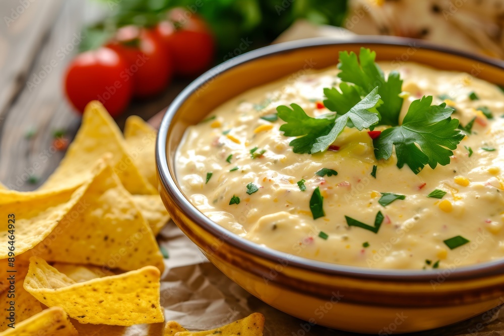 Close up low angle view of homemade cheesy dip in a bowl with yellow tortilla chips Close up low angle view of homemade cheesy dip in a bowl with yellow tortilla chips
