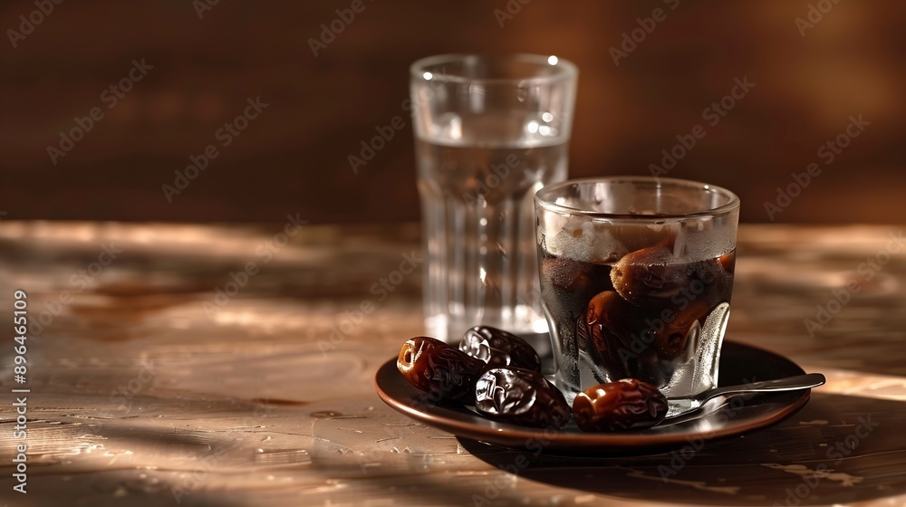 Cup of coffee and glass of water and dry dates on saucer ready to eat for iftar time Islamic religion and ramadan concept : Generative AI Cup of coffee and glass of water and dry dates on saucer ready to eat for iftar time Islamic religion and ramadan concept : Generative AI
