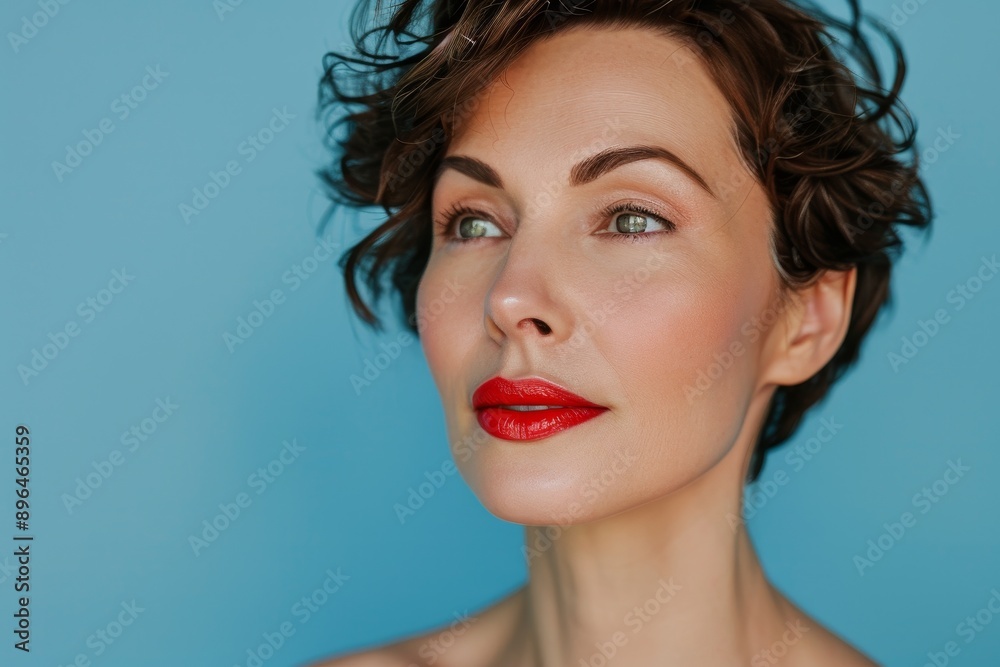 Close up of attractive middle aged woman with short brown hair red lips and fresh makeup on blue background beauty theme Close up of attractive middle aged woman with short brown hair red lips and fresh makeup on blue background beauty theme