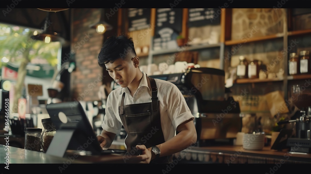 Barista man and tablet for coffee shop inventory or online order on website in startup cafe Small business owner waiter and review with technology for stock menu or price checklist in : Generative AI Barista man and tablet for coffee shop inventory or online order on website in startup cafe Small business owner waiter and review with technology for stock menu or price checklist in : Generative AI