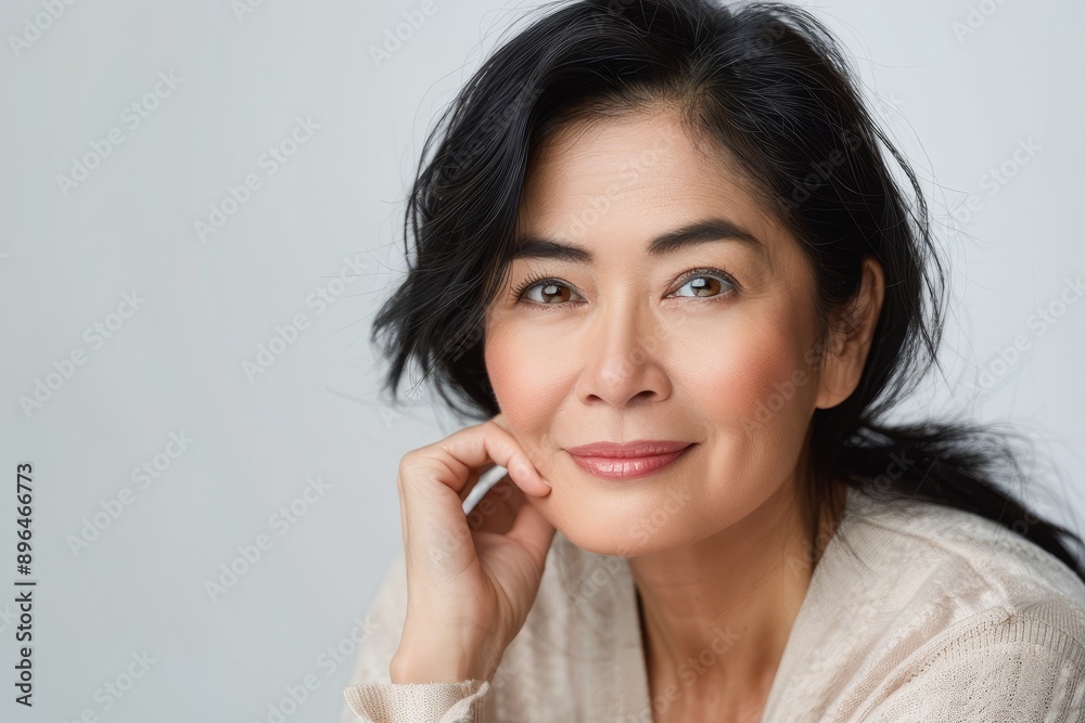 Closeup of a content older Asian woman looking at camera touching her face isolated on white Advertisement for anti aging skincare cream Closeup of a content older Asian woman looking at camera touching her face isolated on white Advertisement for anti aging skincare cream