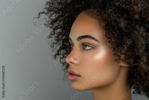 Closeup portrait of a beautiful woman of mixed race looking at the camera isolated on a gray background