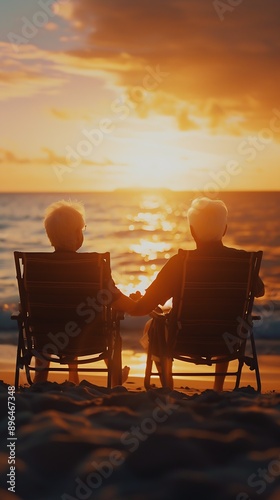 a elderly couple sitting in beach chairs : Generative AI