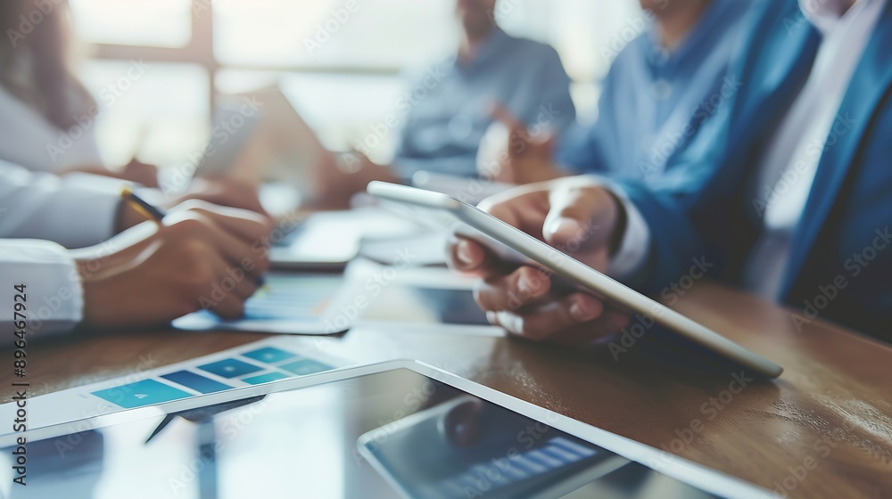 Business people working on digital tablet during meeting in boardroom : Generative AI Business people working on digital tablet during meeting in boardroom : Generative AI
