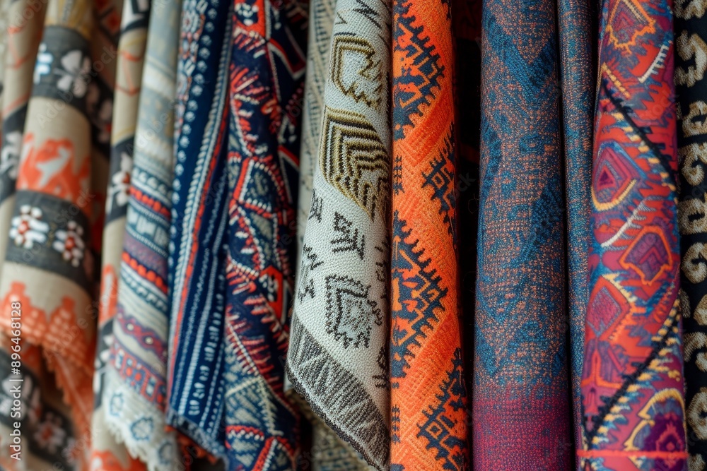 Colorful fabrics with diverse patterns on display space for adding text focused limited depth of field Colorful fabrics with diverse patterns on display space for adding text focused limited depth of field