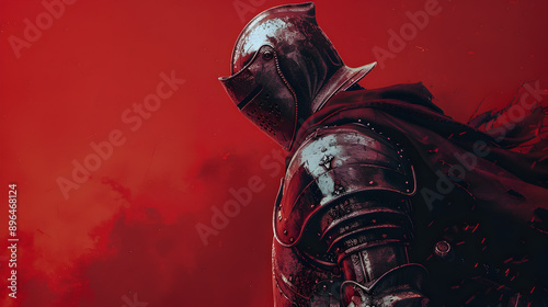 A knight in armor on a crimson background.


