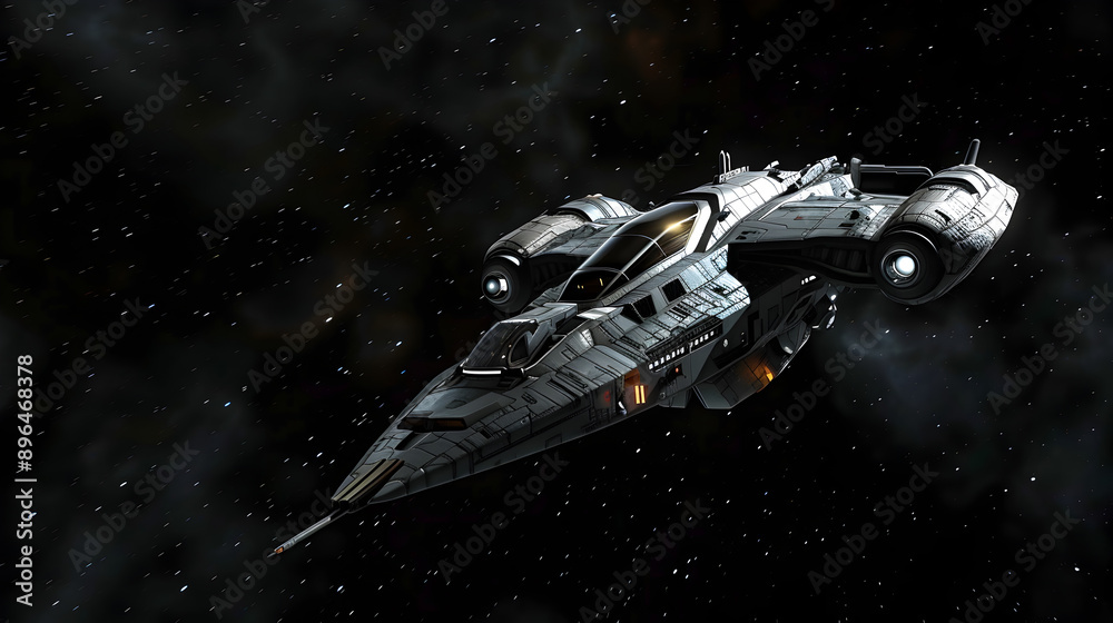 A spaceship in space on a black background.
A spaceship in space on a black background.