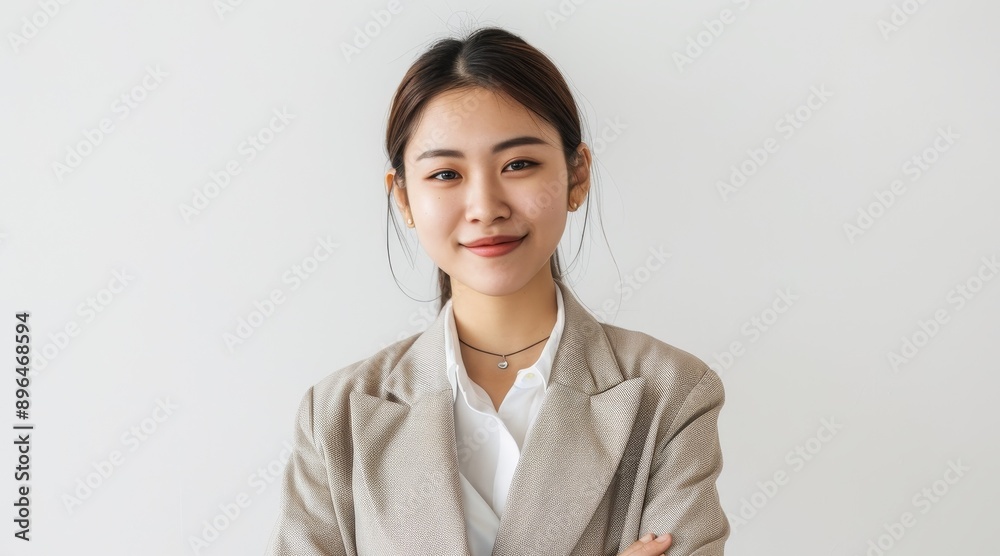Confident Asian businesswoman in professional attire smiling white background