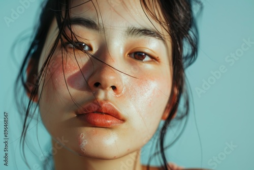 Concerned young Asian woman anxious about dermatology for sensitive skin including allergies to cosmetic steroids sunburn induced redness acne chemical sensiti photo