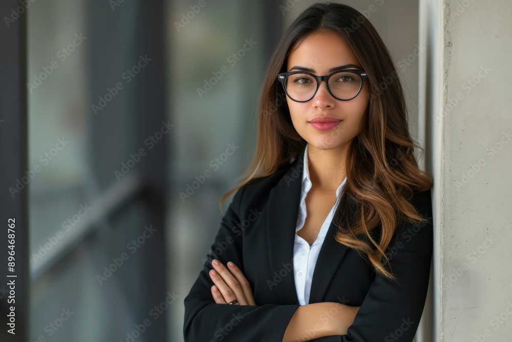 Naklejka premium Confident young Latin businesswoman portrays female leadership smiling while posing