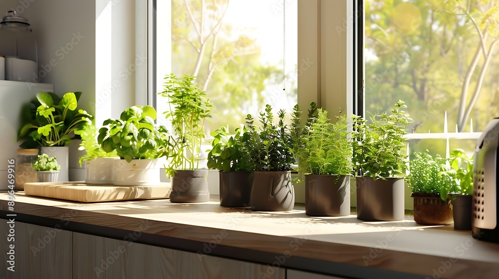 Kitchen Windowsill with Green Herbs and Sunlight Kitchen Windowsill with Green Herbs and Sunlight