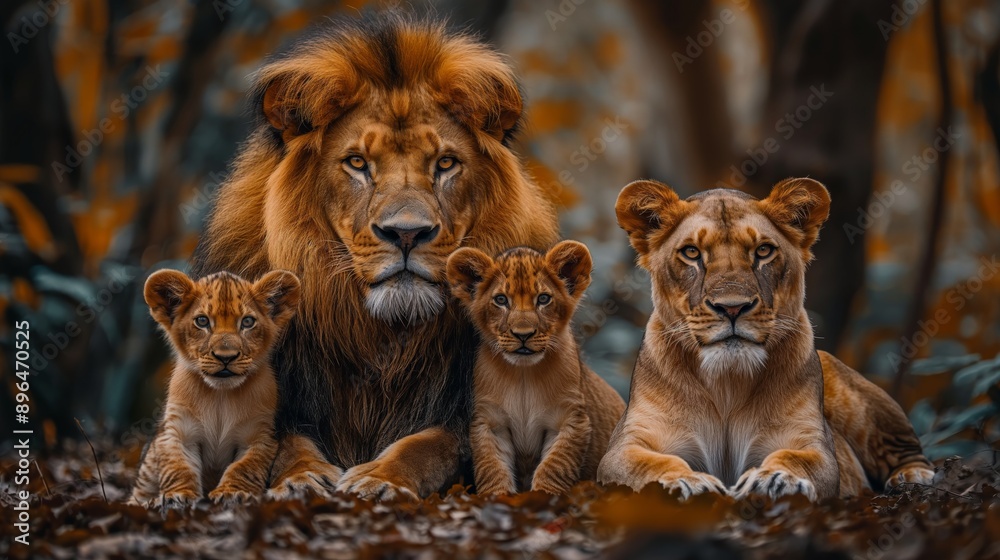 Foto De A Family Of Lions In Magnificent Poses In A Forest A Family Of 