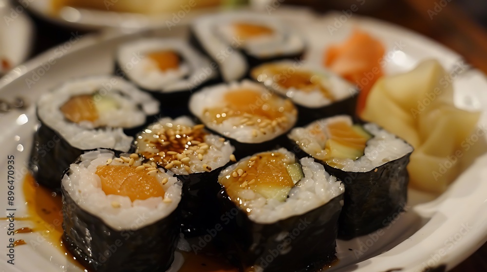 Close-up of Freshly Made Salmon Maki Sushi Rolls Close-up of Freshly Made Salmon Maki Sushi Rolls