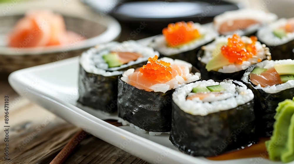 Close Up of Sushi Rolls with Salmon and Tobiko Close Up of Sushi Rolls with Salmon and Tobiko