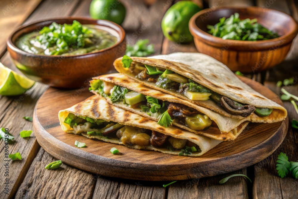 Savory quesadilla overflowing with sautéed mushrooms and fragrant epazote, perfectly melted cheese, and crispy tortilla, served on a rustic wooden table. Savory quesadilla overflowing with sautéed mushrooms and fragrant epazote, perfectly melted cheese, and crispy tortilla, served on a rustic wooden table.