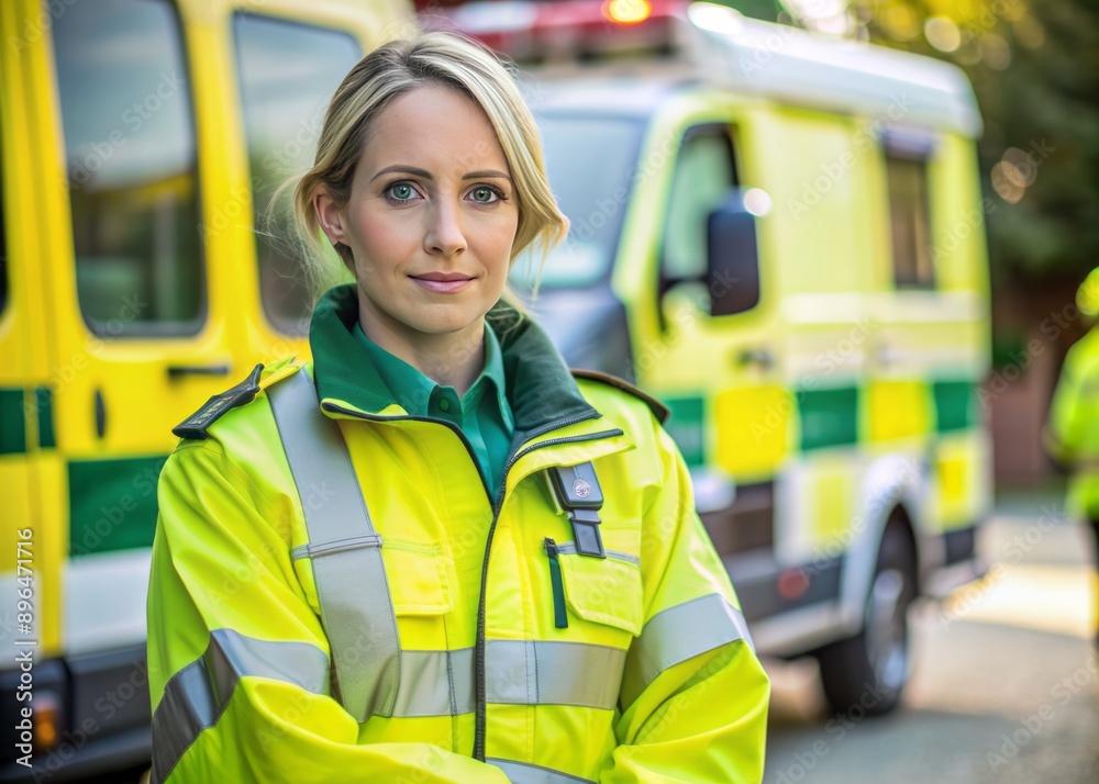 High-visibility medical uniform with paramedic logo on the sleeve, showcasing the pride and dedication of a female emergency medical technician at work. High-visibility medical uniform with paramedic logo on the sleeve, showcasing the pride and dedication of a female emergency medical technician at work.