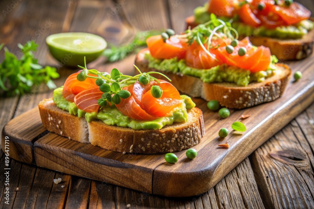 Fresh open sandwiches featuring salted salmon, creamy guacamole avocado, and peppery microgreens on whole grain bread, beautifully arranged on a rustic wooden table. Fresh open sandwiches featuring salted salmon, creamy guacamole avocado, and peppery microgreens on whole grain bread, beautifully arranged on a rustic wooden table.