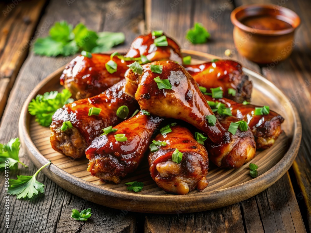 Savory plate of grilled chicken drumsticks smothered in spicy barbecue sauce, garnished with fresh cilantro, served on a rustic wooden table against a blurred background. Savory plate of grilled chicken drumsticks smothered in spicy barbecue sauce, garnished with fresh cilantro, served on a rustic wooden table against a blurred background.