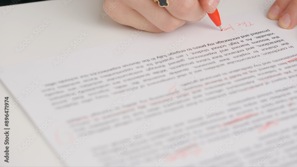Obraz premium Professional school or college teacher grades a homework exam papers of students. Woman checks essay, crosses wrong words, corrects it with red pen.