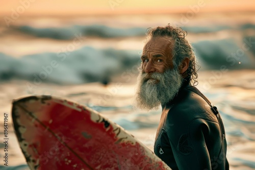 Elderly surfer enjoys sunset beach surfing Fit senior trains with surfboard Healthy lifestyle and extreme sport for senior