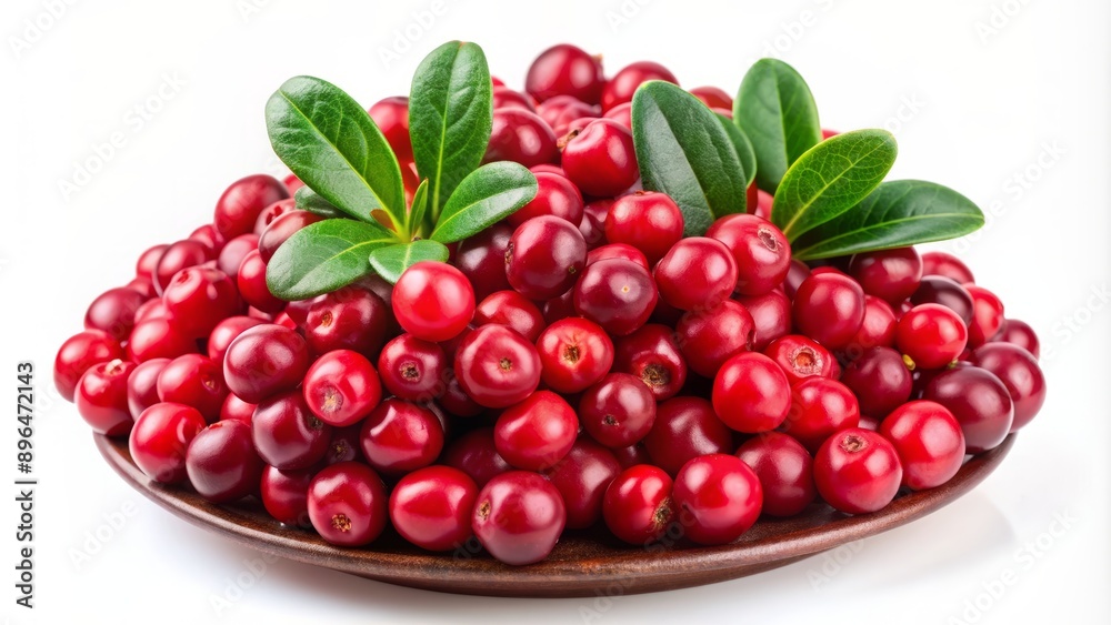 Freshly picked cowberry fruit isolated on a clean white transparent background, showcasing its vibrant red color and plump, rounded shape with tiny seeds visible. Freshly picked cowberry fruit isolated on a clean white transparent background, showcasing its vibrant red color and plump, rounded shape with tiny seeds visible.