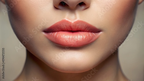 Close-up of lips transformation with gentle peach lip shading, smooth and radiant skin, showcasing a natural everyday makeup look with subtle color enhancement. photo