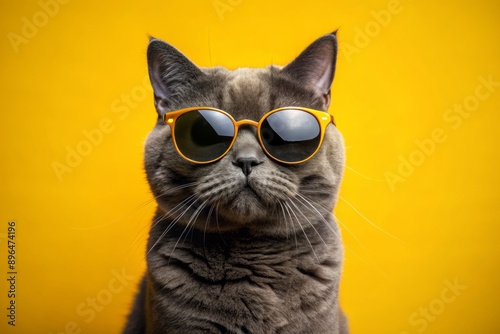 Stylish furry black British cat donning trendy sunglasses poses on a vibrant yellow background, exuding confidence and coolness, with ample copy space for creative text. photo