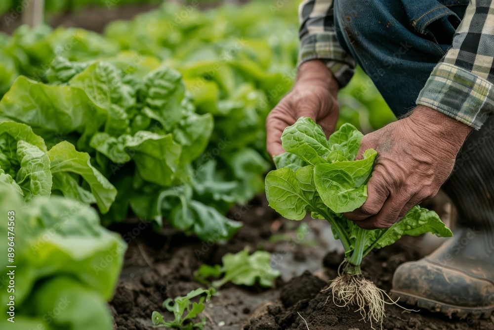 Fototapeta premium Farmer picking up fresh lettuce with roots