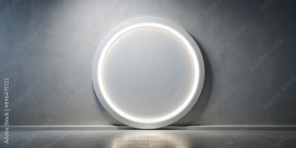 Illuminated empty white circle frame mockup on a light grey wall, blank circular billboard waiting for custom design or logo placement, isolated on a minimalist background. Illuminated empty white circle frame mockup on a light grey wall, blank circular billboard waiting for custom design or logo placement, isolated on a minimalist background.