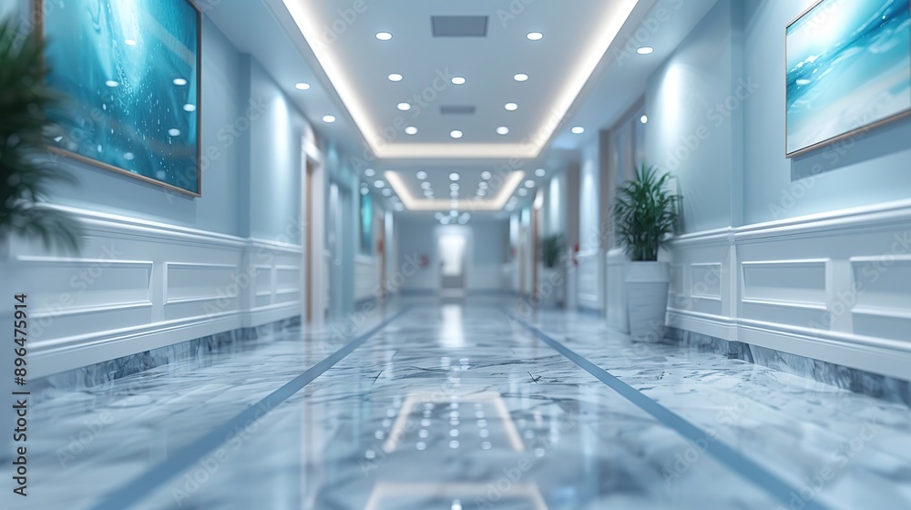 Luxury Hotel Corridor with Marble Floors and Blue Paintings Luxury Hotel Corridor with Marble Floors and Blue Paintings