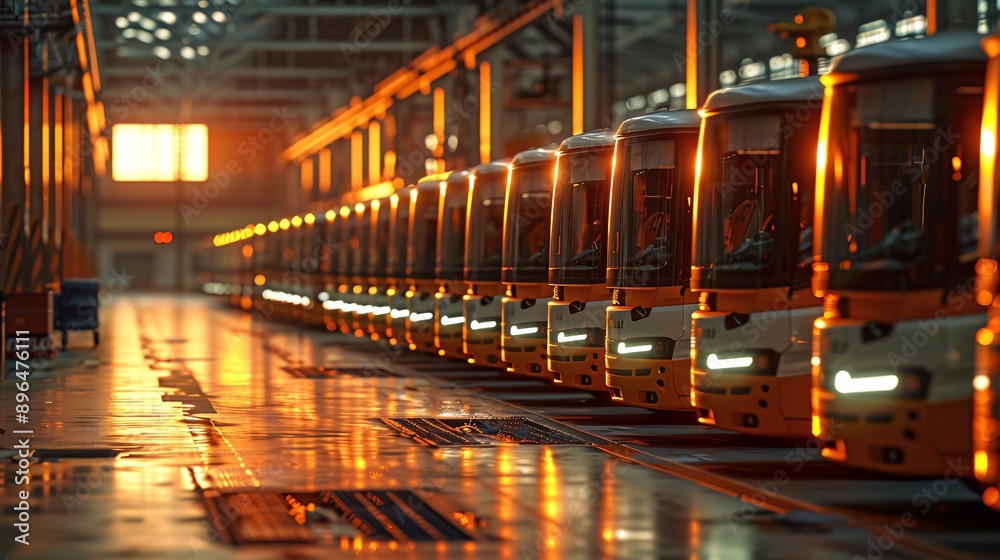A factory illuminating a line of finished electric PPVs with Yellow Vehicles ready for delivery, A factory illuminating a line of finished electric PPVs with Yellow Vehicles ready for delivery,