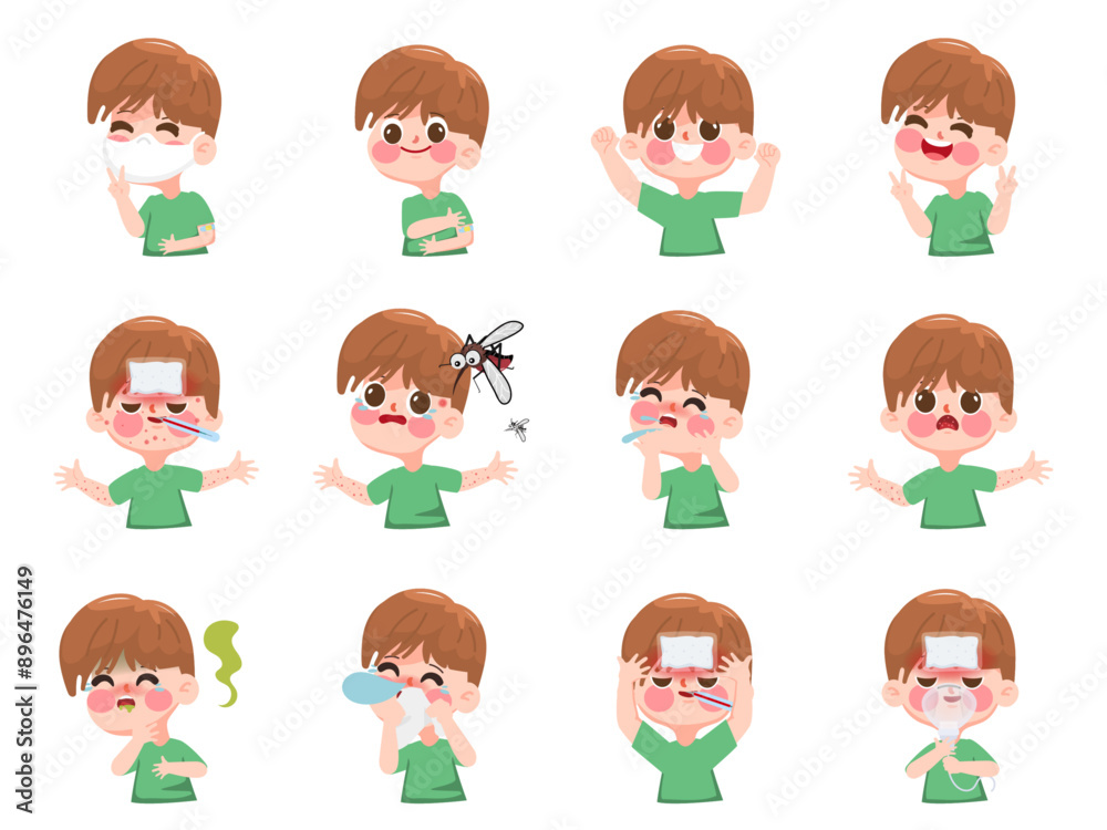 Children symptoms of sick. Cartoon child with fever, snot, cough and sore throat. Influenza or cold vector infographic. Illustration of symptoms kid, flu or infection illness. Children symptoms of sick. Cartoon child with fever, snot, cough and sore throat. Influenza or cold vector infographic. Illustration of symptoms kid, flu or infection illness.