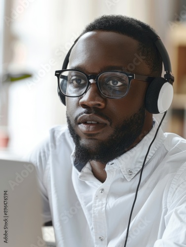 Person working on laptop while listening to music or podcast